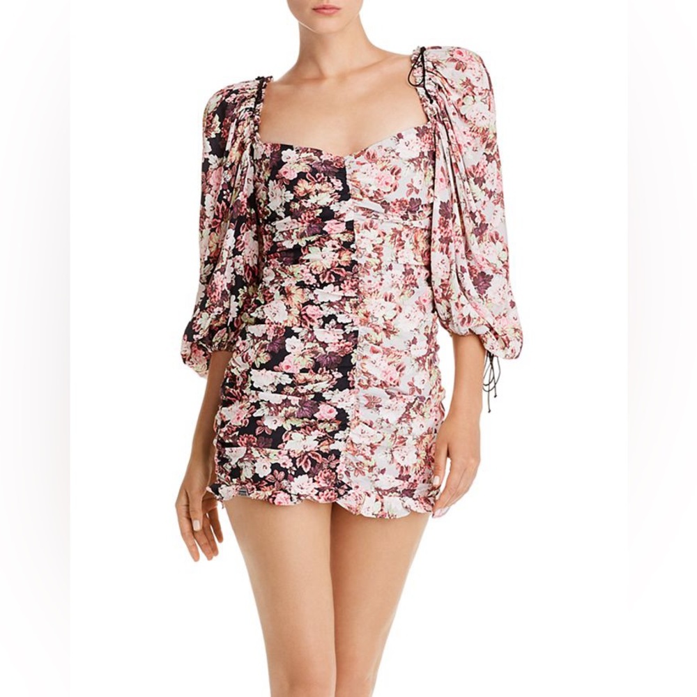 For Love & Lemons Houston Ruched Floral-Print Mini Dress, Size Small